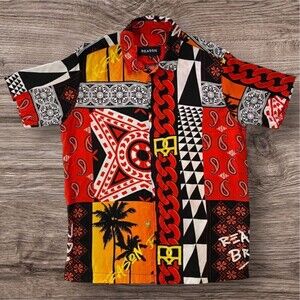 Reason Brand Retro Patchwork Shirt Gold Chain Crown Floral Design Size Large